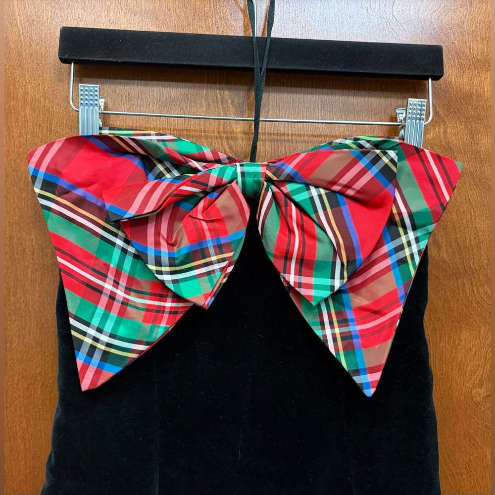 Vintage Leslie Lucks Holiday Tartan Plaid Bow Velvet Drop Waist Strapless Dress - Picture 4 of 14